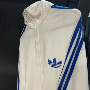 ADIDAS light zip up jacket white with blue stripes.